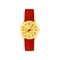 Elegant wrist watch with bright red strap and shiny golden dial. Stylish women accessory. Flat vector design