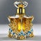 Elegant Yellow Crystal Perfume Bottle with Gold Ornaments on Gray Background