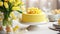 Elegant yellow fondant cake decorated with fresh tulips and Easter eggs in a white bowl, on table. Happy Easter concept