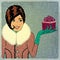 Elegant young and happy woman in winter, retro Christmas card