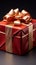 Elegantly adorned: Red gift box, golden ribbon, and exquisite bow.