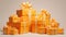 Elegantly arranged orange gifts of different sizes with bows on a light background. Gifts as a day symbol of present and