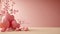 Elegantly arranged pink hearts with and pink small flowers on the left side on a light background.Valentine\\\'s Day banner