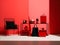 Elegantly arranged red store window, handbags, chair, red background on black Friday