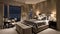 Elegantly comfortable bedroom with nighttime view