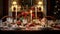 Elegantly Decorated Christmas Table with Candles, Roses, Champagne Glasses, Cutlery, and Fruits