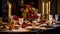 Elegantly Decorated Christmas Table with Candles, Roses, Champagne Glasses, Cutlery, and Fruits