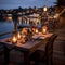 Elegantly decorated wooden table with burning candles. In the background the evening lights of the city reflected in the water