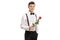 Elegantly dressed teenage boy holding a rose flower