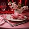 elegantly set table for the romantic dinner, with a light pink tablecloth