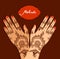 Element yoga mudra hands with mehendi patterns. Vector illustration for a yoga studio, tattoo, spas, postcards, souvenirs. Indian