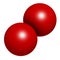 Elemental oxygen O2, molecular model. Atoms are represented as spheres with conventional color coding: oxygen red.