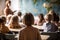 elementary school classroom, where a group of school kids is seated teacher in geography lesson