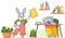 Elementary school concept, animals students rabbit and sleeping koala, characters in the classroom