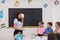 Elementary School Science Classroom: Enthusiastic Teacher Explains Chemistry to Diverse Group of Children, Little Boy