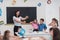 Elementary School Science Classroom: Enthusiastic Teacher Explains Chemistry to Diverse Group of Children, Little Boy