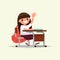 Elementary school student. A schoolgirl raises her hand to answer. Vector illustration