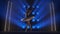 Elements of classical ballet choreography on the background of smoke and spotlights with soft blue light. Silhouette of