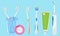 Elements for dental care and healthy teeth, toothbrush, toothpaste, dental floss, tongue cleaner and oral irrigator.