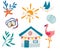 Elements for sea recreation. Beach items for sea recreation. Bungalow, gull, swimming mask, flamingo, sun, beach house and