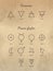 Elements Signs And Planet Glyphs Set. Planets Symbols And Fire, Water, Air, Earth Linear Icons Isolated On Beige