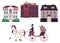 Elements of Victorian city vector illustrations set, castles and buildings, carriage with horse on white background