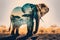 Elephant and the African savannah double exposure. Generative AI