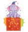 Elephant animal with circus costume sitting on magical box . Realistic watercolor paint with paper textured . Cartoon character