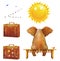 Elephant on a bench , suitcases , sun , birds of white b