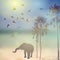 Elephant, birds, palm silhouette on sunny sky and