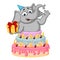 Elephant. Character. Surprise from cake. Big collection of isolated elephants. Vector, cartoon.