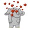 Elephant. Character. Very in love. Enamored. Many hearts. Big collection of isolated elephants. Vector, cartoon
