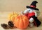 Elephant doll in wizard costume with a pair of vivid color ripe pumpkins and two pine cones on wooden table