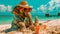 an elephant dressed in a Hawaiian shirt, beach shorts, hat, sunglasses is building a sand castle on the beach on a clear sunny day