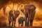 Elephant Family in Natural Habitat with Surrounding Landscape, Bathed in Golden Hour Natural Light and Warm Savannah Colors.