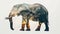 elephant full body side silhouette with double exposure of African savannah silhouette on white background