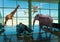 Elephant and giraffe animals stand in airport hall