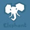 Elephant icon, paper cut. Brutal modern style. Abstract silhouette on a blue background with text. Interactive card for learning