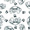 Elephant listening to music with hearpodes seamless pattern in outline doodle style