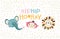 Elephant, monkey and lion. Gip-gip hooray. Cute face of an animal with lettering. Childish Greeting card for nursery in