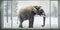 An elephant is peacefully standing in front of a window covered with snow. Generative AI