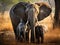 Elephant protecting tiny elephant between legs, trunk cuddling with sibling. Elephants, babies, Botswana, Africa.