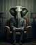 Elephant sitting in a leather chair in a dark  room, AI generated illustration