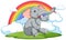 An elephant sitting under a vibrant rainbow