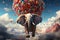 Elephant soars with balloon companions, blending reality and fantasy in captivating harmony
