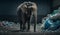 An elephant stands among the piles of plastic waste looking for food and shelter, Concept of saving the world. Generative AI