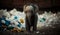 An elephant stands among the piles of plastic waste looking for food and shelter, Concept of saving the world. Generative AI