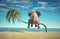 Elephant stands on thin branch of palm tree watching the ocean