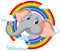 An elephant surrounded by a vibrant rainbow