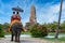 The Elephant for tourist service at Ayutthaya Archeology, Tourists riding elephant  in ancient history architecture in Ayutthaya